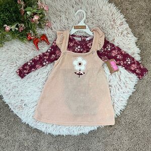 Young Hearts NWT Pink Maroon Floral Soft Sweater‎ Jumper Dress 2pc Set 24M